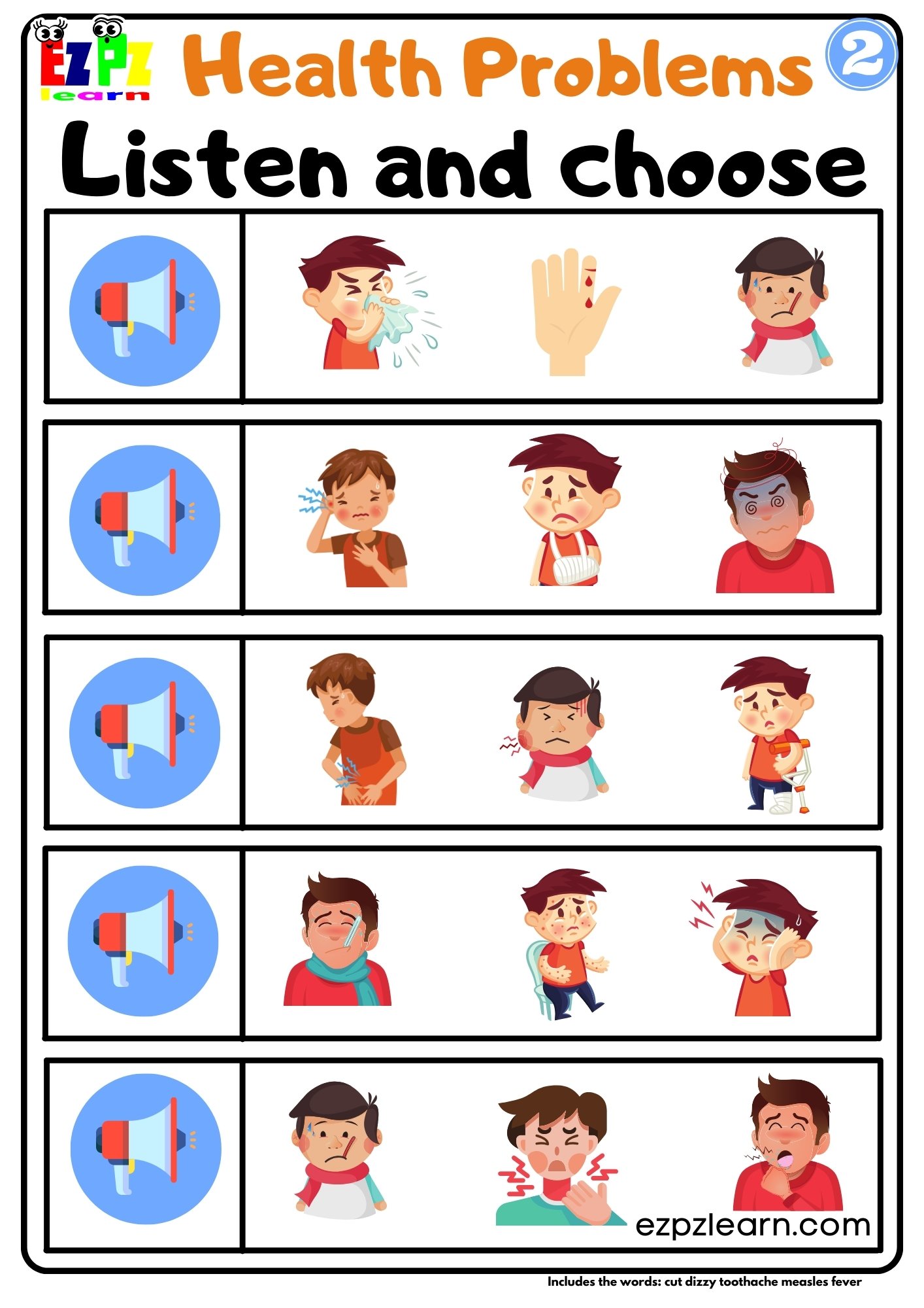 Interactive Health Problems Worksheet Listen, and Choose the Correct